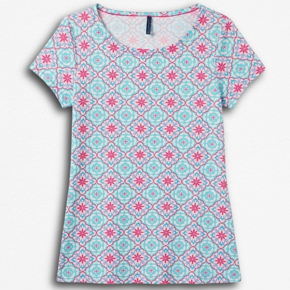 Aqua Et Sol Womens‎ Swim Shirt Rash Guard Short Sleeve Geometric Floral Blue S